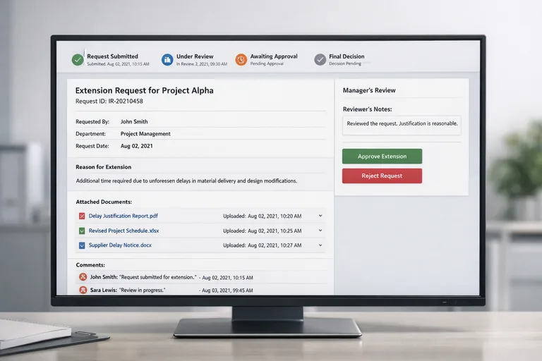 Onay akışında talep kaydı, ek listesi ve karar metninin aynı referans kodlarıyla ilişkilendirilmiş halde sunulması
