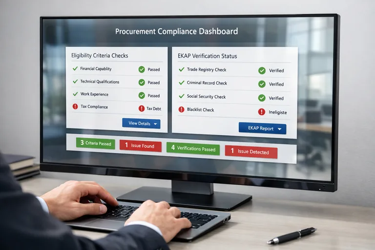 Satınalma ekibi, EKAP verileriyle otomatik yeterlik kontrolü yapan yazılım panelinde uygunsuzlukları işaretliyor