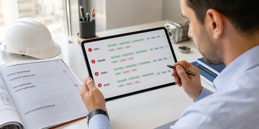 EKAP üzerinden ihale yeterlik belgesi yükleme ekranı iş deneyim belgesi bilanço ve banka referans mektubu durum kartları mockup görseli