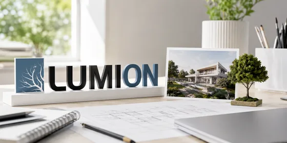 Lumion logosu yanında küçük ağaç ve villa render kartı sade aydınlık çalışma masasında doğal ışıkla