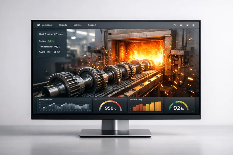 Dişli üretim hattında sertlik kazanması için ısıl işlem sürecinden geçen çelik bileşenlerin endüstriyel üretim aşaması