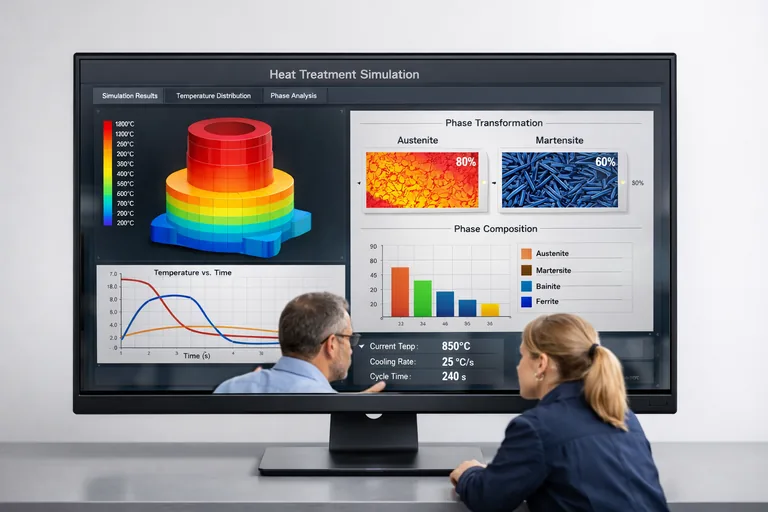 Mühendislerin bilgisayar simülasyonu ile metal parçanın ısıl işlem sürecini analiz ederek sıcaklık dağılımını değerlendirmesi