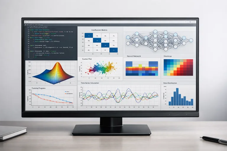 Veri bilimci bilgisayar ekranında makine öğrenmesi algoritmaları ve grafik sonuçlarını analiz ediyor