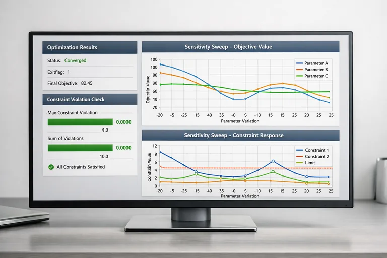 Optimizasyon çıktılarının exitflag, kısıt ihlali ve hassasiyet taramasıyla raporlandığı değerlendirme paneli düzeni