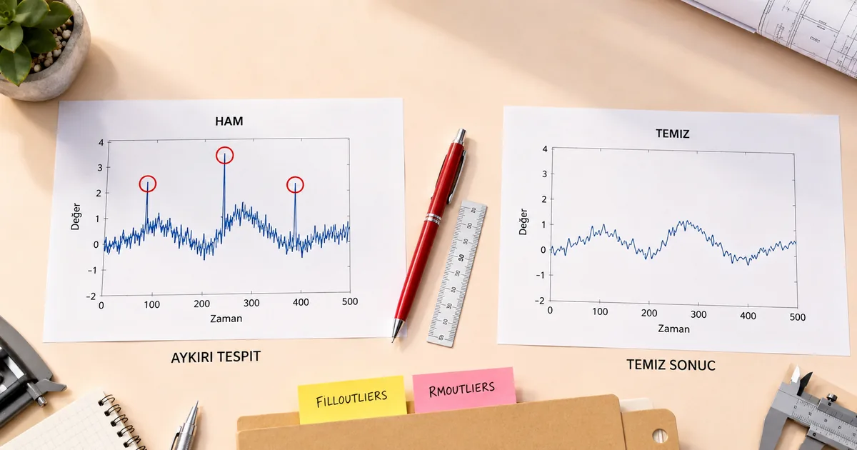MATLAB ekranında bir sensör zaman serisinin ham hâli ve isoutlier ile işaretlenmiş aykırı noktaların kırpılmış sürümünün karşılaştırma görünümü