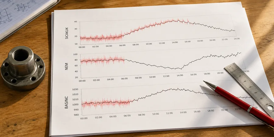 MATLAB stackedplot çıktısında bir zaman serisinin sıcaklık nem ve basınç sütunlarının temizlik öncesi ve sonrası karşılaştırma görünümü