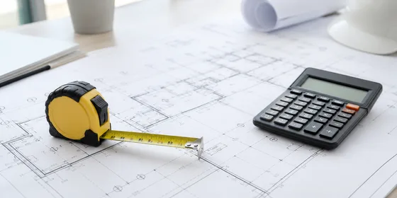 İnşaat projesi paftası üzerinde çelik şerit metre ve hesap makinesi aydınlık teknik ofis masasında