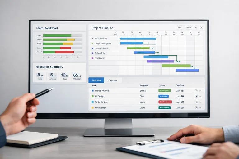 Bir ekip toplantısında proje yöneticisinin görev dağılımı, iş yükü dengesi ve zaman planını ekip üyeleriyle analiz ettiği çalışma ortamı