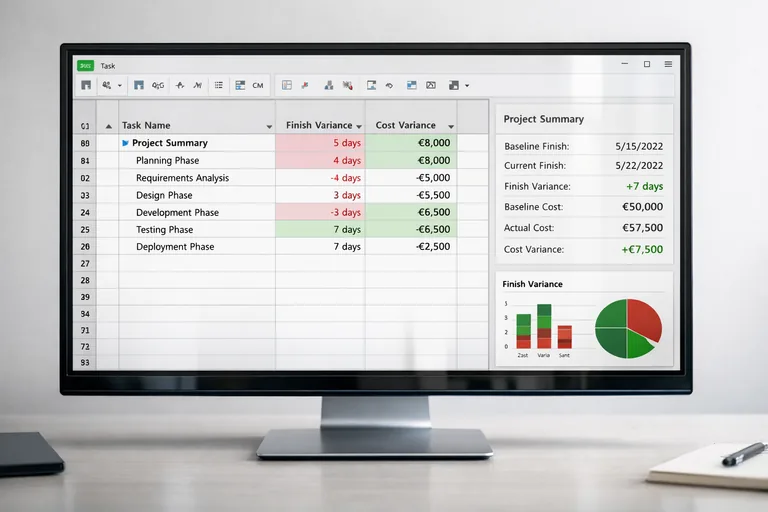 Finish variance ve cost variance sütunlarıyla sıralanmış görev listesi ve sağda özet alanı bulunan görünüm