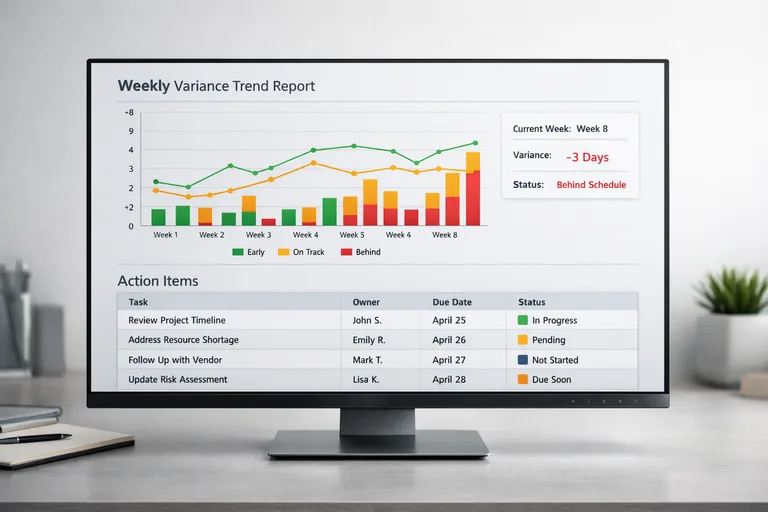 Haftalık sapma trendini gösteren rapor çıktısı ve altında aksiyon maddelerinin listelendiği toplantı notu