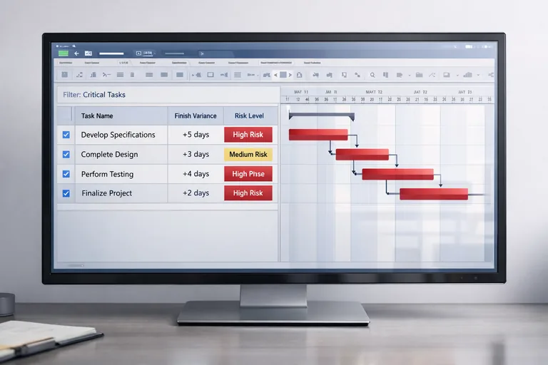 Filtrelenmiş kritik görevler listesi ve yanında finish variance ile risk bandı etiketlerinin yer aldığı tablo görünümü