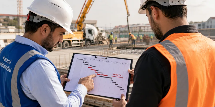Şantiyede iş programı çıktısı üzerinde kontrol mühendisi ve müteahhitin kritik yol kalemini tartışması