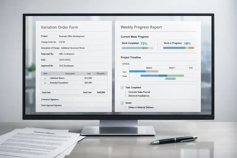 Sözleşme maddeleri kontrol ekranı, değişiklik emri formu ve haftalık ilerleme raporu aynı masada inceleniyor