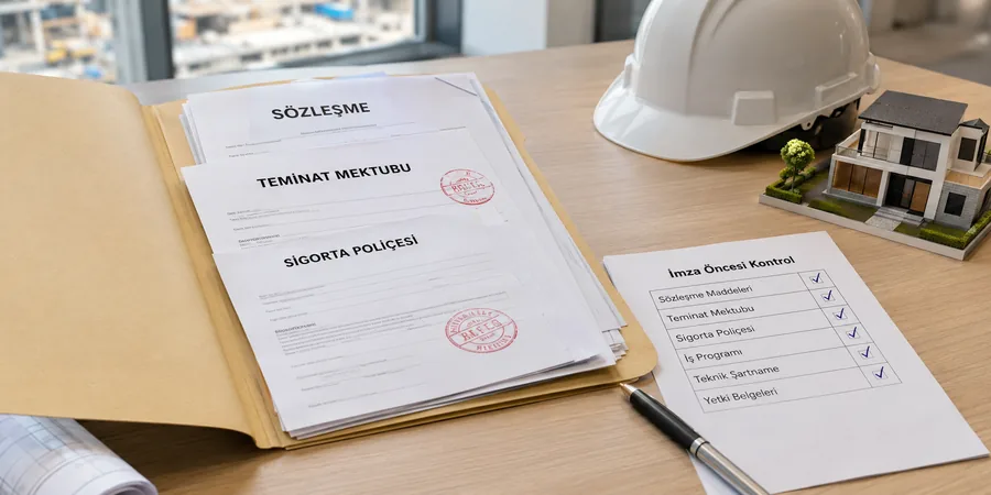 Sözleşme dosyası teminat ve klozların son kontrolü Sözleşme dosyasında teminat mektupları sigorta poliçesi ve fesih klozlarının imza öncesi son kontrolü