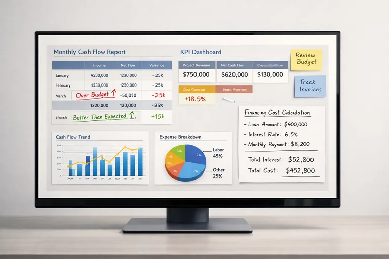 Aylık nakit tablosu çıktısı üzerinde sapma notları ve erken uyarı göstergeleri yanında finansman maliyeti hesapları yer alıyor