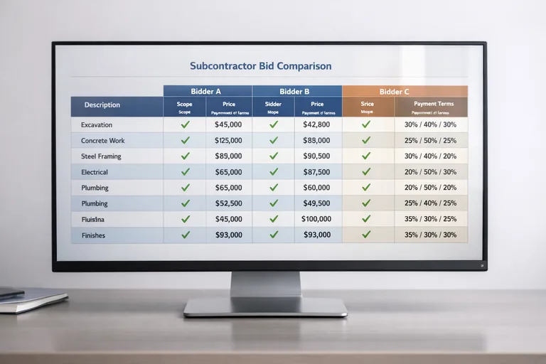 Alt yüklenici teklifleri karşılaştırma tablosu, kapsam kalemleri ve ödeme koşulları yan yana kontrol ediliyor