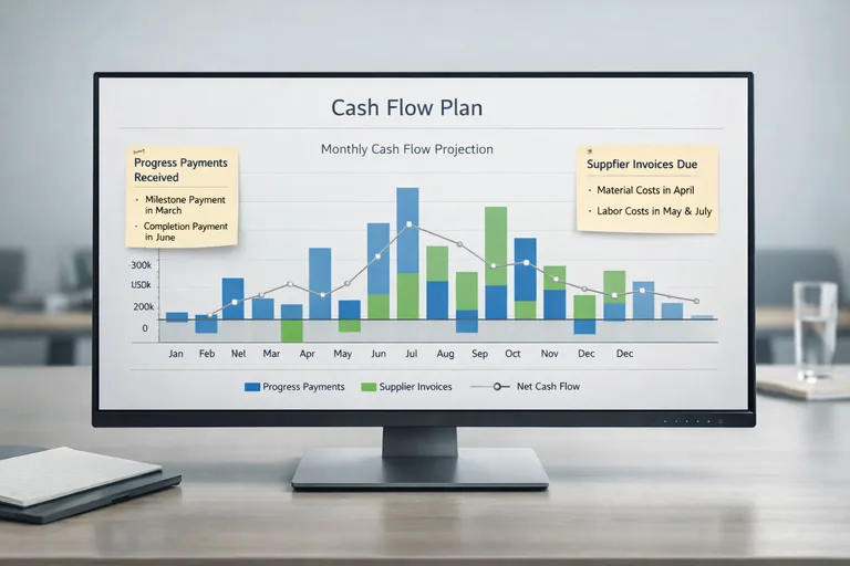 Aylık nakit akışı grafiği ve altında hakediş takvimi, tedarik ödemeleri ve finansman ihtiyacı notları yer alıyor