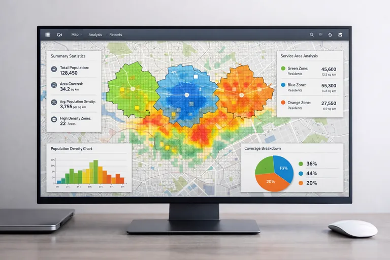 Servis alanı çıktısının nüfus yoğunluğu katmanıyla birleştirilerek kapsanan nüfus yüzdesinin raporlandığı analiz görünümü
