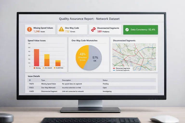 Network dataset QA raporunda boş hız alanları yön kodu uyumsuzlukları ve kopuk bağlantı sayıları özet tablosu