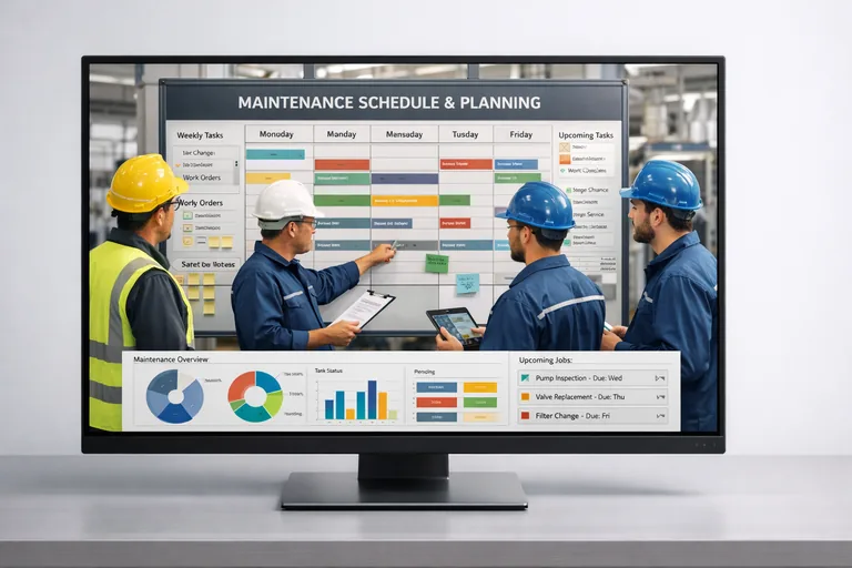 Fabrika bakım ekibinin ekipman kontrol çizelgesi ve bakım planı üzerinden toplantı yapması