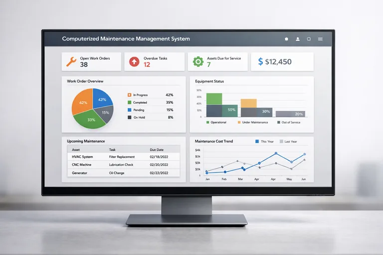 Dijital bakım yönetim sistemi ekranında ekipman bakım planlarının analiz edilmesi