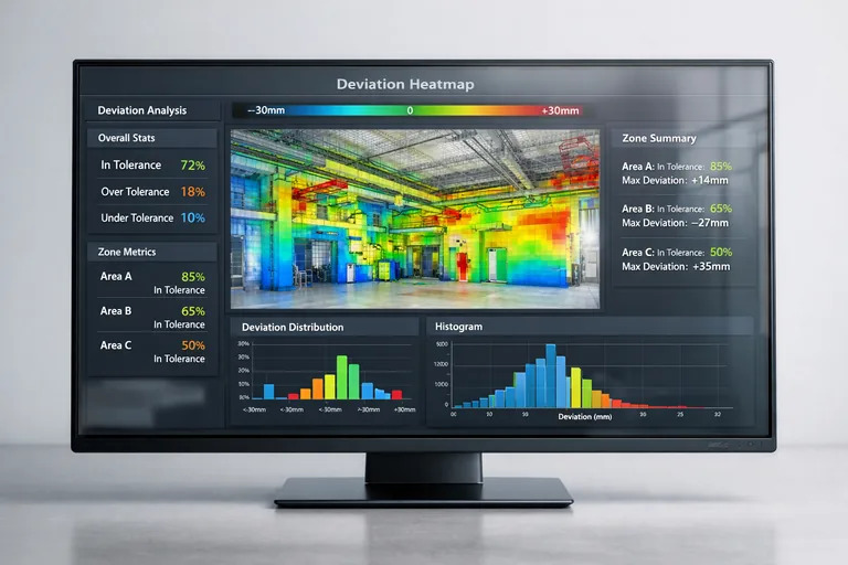 As built model ile nokta bulutu arasında renk skalalı sapma haritası ve zon bazlı özet metriklerin bulunduğu kontrol paneli