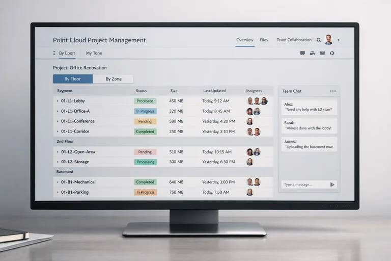 Kat ve zonlara ayrılmış nokta bulutu segmentlerinin isim standardıyla listelendiği proje yönetim ekranı