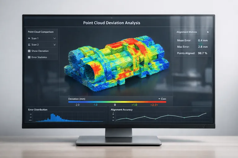 Birleşik nokta bulutunda iki tarama seti arasındaki sapmayı renk skalasıyla gösteren hata haritası paneli