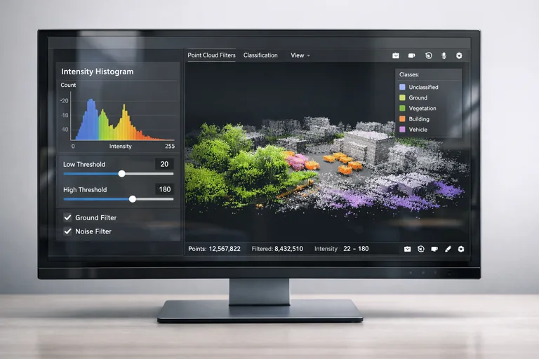 Nokta bulutunda intensity histogramı ve filtre eşikleri ile gürültünün ayıklandığı teknik analiz ekranı