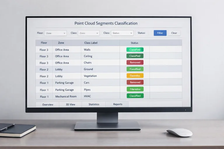 Kat ve zonlara ayrılmış nokta bulutu segmentlerinin sınıf etiketleriyle listelendiği proje yönetim tablosu görünümü