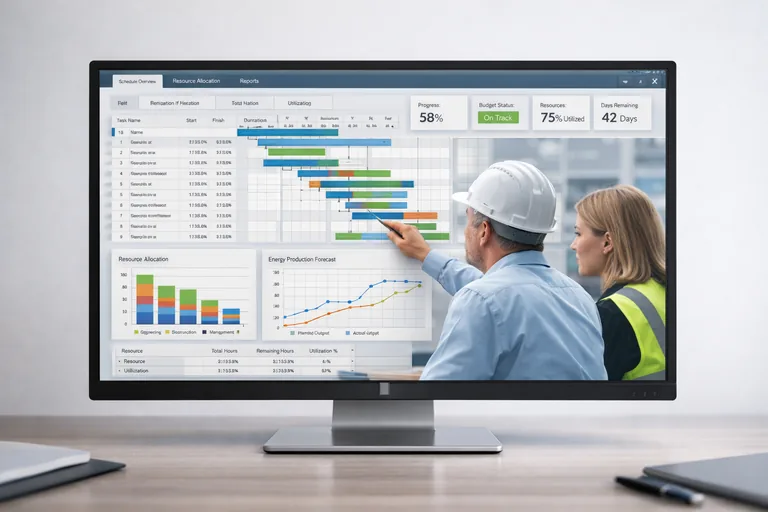 Enerji santrali inşaat projesinin detaylı zaman çizelgesi ve kaynak planlamasını gösteren yönetim paneli