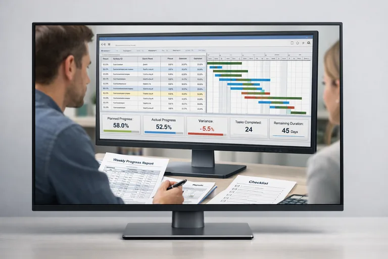 Haftalık kesim tarihinde ilerleme verilerini doğrulayan planlama mühendisi ve proje kontrol uzmanı