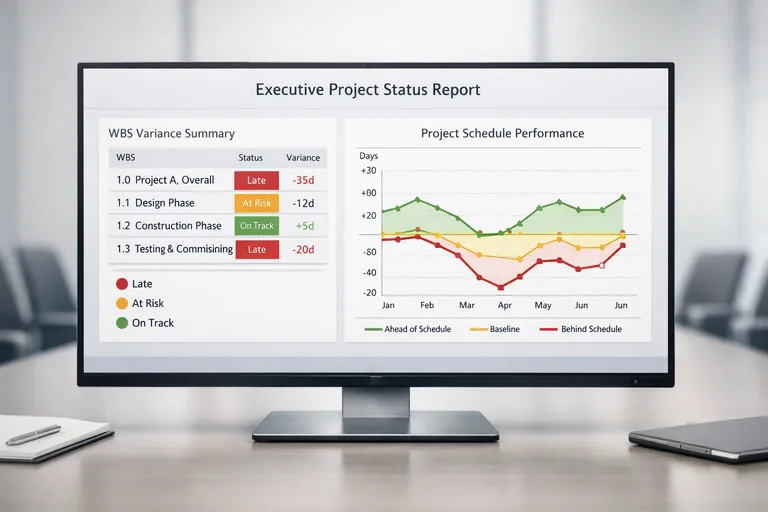 Yöneticilere sunulan raporda WBS bazında kırmızı-sarı-yeşil sapma özetini gösteren ekran