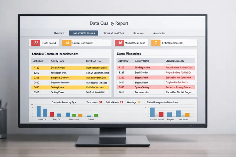 CSV kalite kontrol çıktısında kısıt hataları ve tutarsız durum alanlarıyla işaretlenmiş satırların listesi