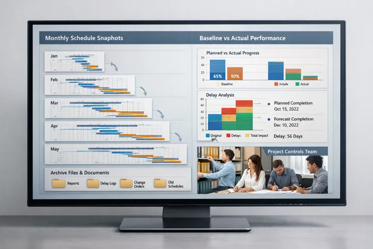 Aylık snapshot dosyalarıyla baseline ve gerçekleşen tarihler arasındaki farkı gösteren dönemsel kıyas akışı