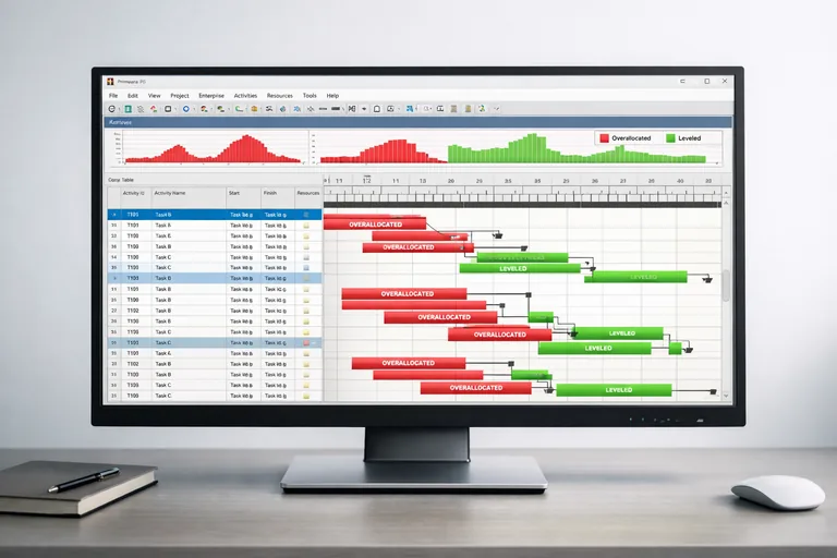 Kaynak aşırı yüklenme noktaları işaretlenmiş bir Gantt görünümünde leveling sonrası kaymalar incelenir