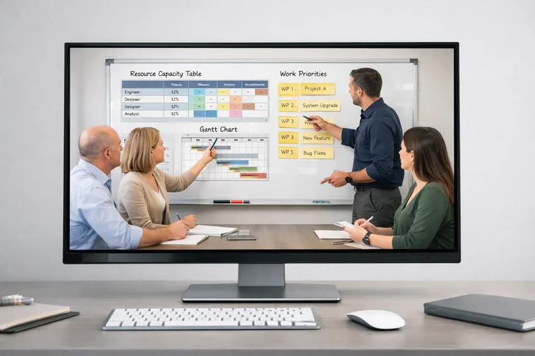 Disiplin liderleri kapasite tablosu üzerinden öncelikleri tartışırken riskli haftaları netleştirir