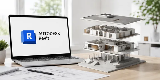 Revit logosu yanında katmanlı bina maketi sade aydınlık çalışma masasında doğal ışıkla