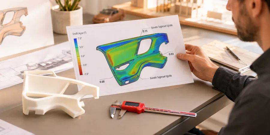 Rhinoceros analiz akışı ile draft angle eğrilik ve EdgeContinuity doğrulama paneli düzeni