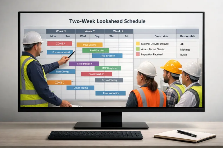 Haftalık lookahead plan panosunda kısıtların, sorumluların ve hedef tarihlerinin birlikte takip edilmesi