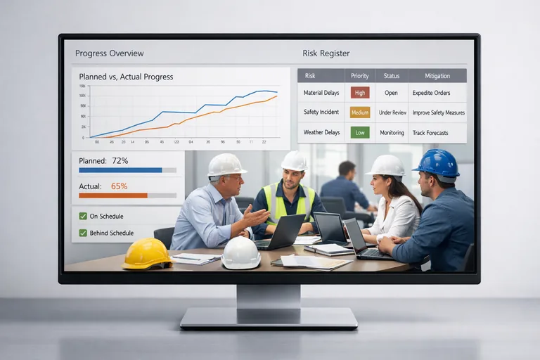 Toplantı odasında plan-gerçekleşen ilerleme ve risk kayıtlarını tek ekranda değerlendiren proje ekibi
