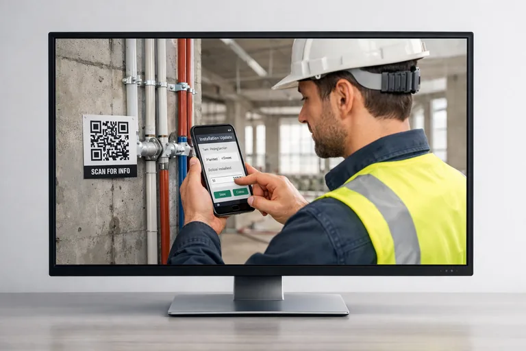 Saha mühendisi QR etiketli imalatı kontrol edip gerçekleşen miktarı mobil uygulamaya girerken