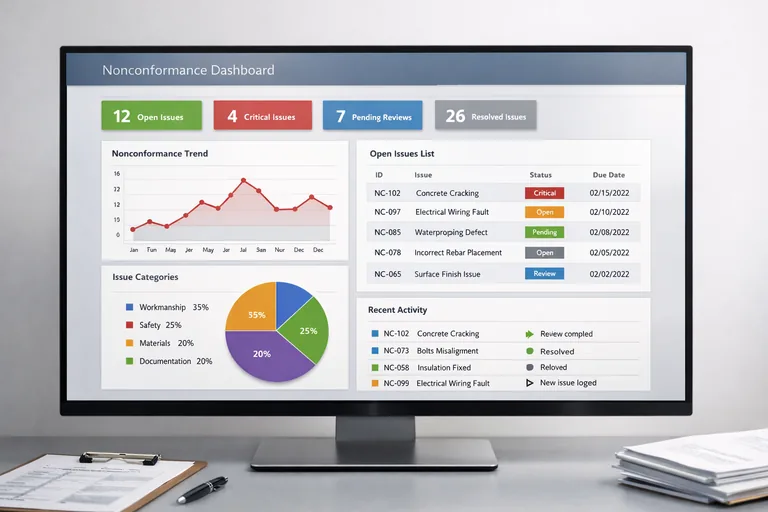 Şantiye ofisinde duvarda ilerleme planı, masada deney raporları ve ekranda uygunsuzluk panosu