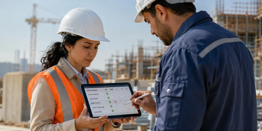Şantiye kalite kontrol mühendisi tablet üzerinde imalat checklist setini taşeron formenine imzalatıyor