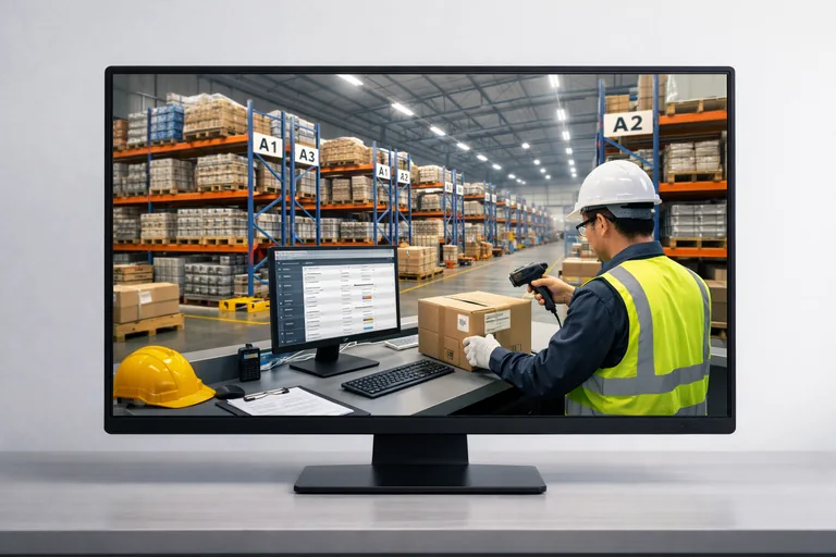 Konteyner depoda lokasyon kodlarıyla raf düzeni, güvenlik şeritleri ve düzenli malzeme çıkış noktası kurulumu