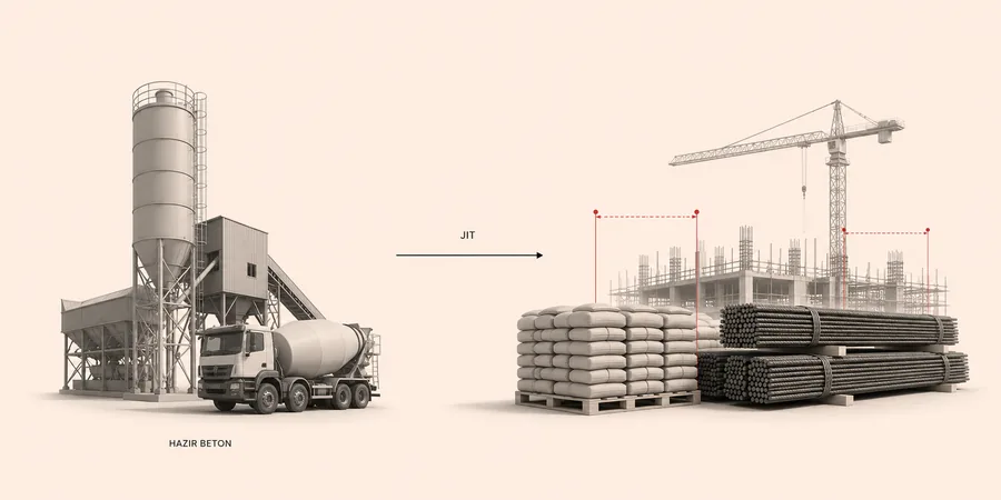 Türk hazır beton ve donatı tesisi yanında inşaat lay-down alanı pale arka plan çift sahne kompozisyon