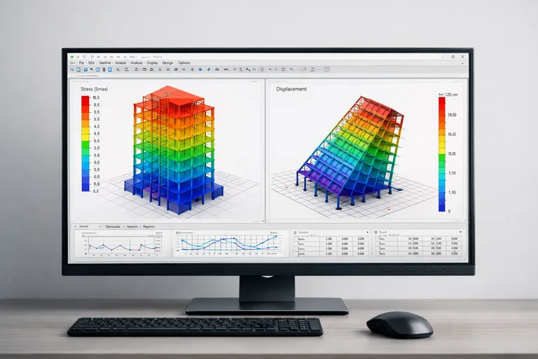 Bilgisayar ekranında renkli gerilme diyagramları ve deplasman dağılımları gösteren mühendislik analiz yazılımı arayüzü