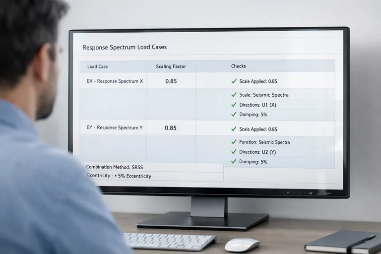 EX ve EY spektral yük durumlarının ölçek faktörleriyle birlikte listelendiği, sonuçların rapor formatında özetlendiği kontrol paneli