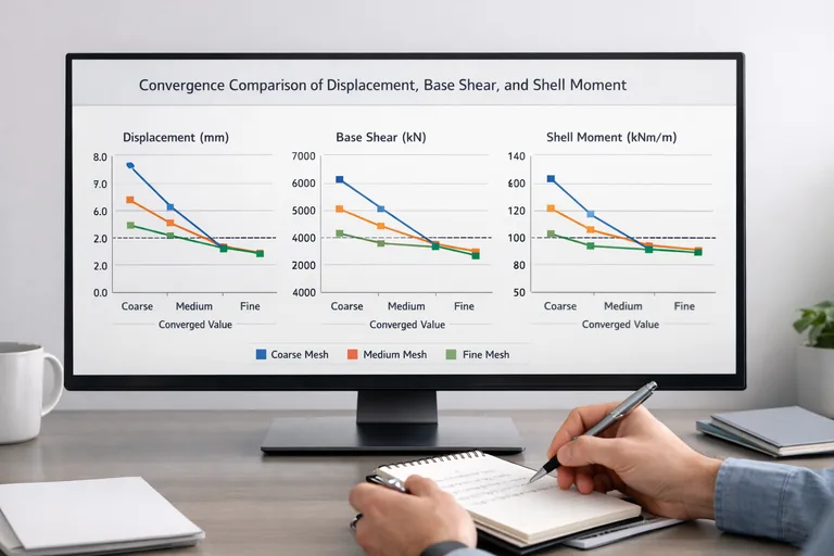 Farklı mesh yoğunluklarında taban kesme, deplasman ve maksimum kabuk moment değerlerinin yakınsama grafiğiyle kıyaslanması