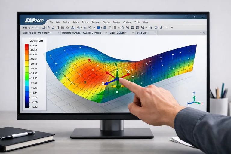 Kabuk eleman sonuçlarının yerel eksen yönleriyle birlikte gösterildiği ve tasarım kontrol notlarının yanına işlendiği çalışma ekranı